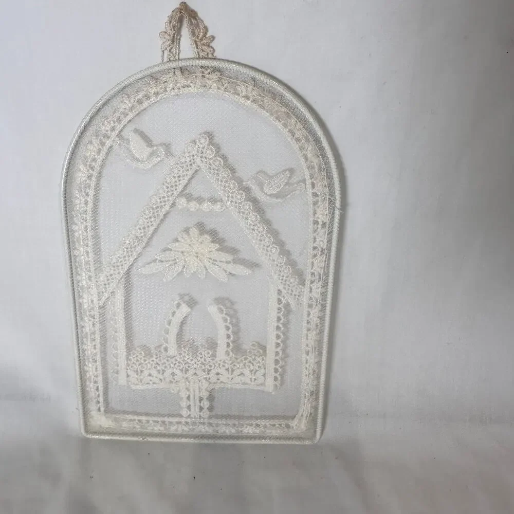 Vintage Hand Embroidered White Lace Plaque Birdhouse Window Shaped Frame Decor